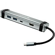 CANYON DS-3 Multiport Docking Station with 4 ports:1*Type C male+1*Type C female+2*USB3.0+1*HDMI, Input 100-240V, Output USB-C PD 5-20V/3A&USB-A 5V/1A, cabel 0.12m, Space grey, 150.8*33.7*24mm, 0.112kg