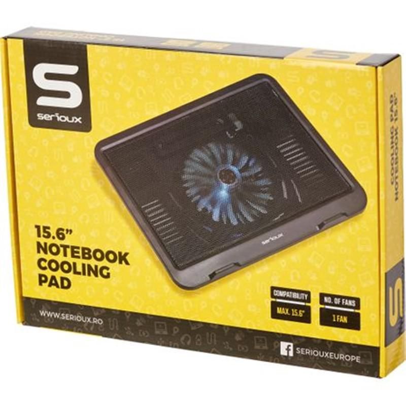 Cooling pad Serioux, SRXNCPN19, Dimensiuni: 330*250*27mm, Compatibilitate maxima laptop: 15.6 inch, Dimensiune ventilator: 125*125 *15mm, Nivel zgomot: 46dB, Flux aer: 20CFM, Tensiune alimentare: DC 5V, Viteza rotatie maxima: 1000 RPM, Greutate neta: 0.38 Kg