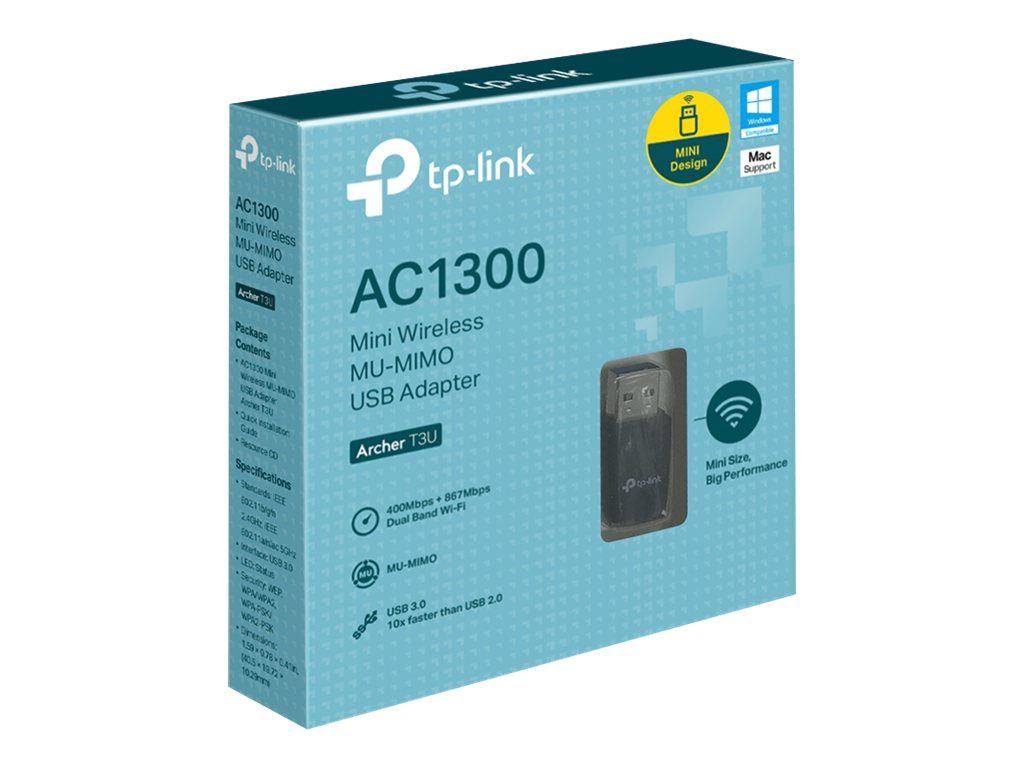 TP-link AC1300 Mini Adaptor USB Wireless MU-MIMO, ARCHER T3U USB 3.0 Antena Omni Directionala Standarde Wireless: IEEE 802.11ac, IEEE 802.11a/ IEEE 802.11n, IEEE 802.11g, IEEE 802.11b Frecventa: 2.4GHz (400 Mpbs)/ 5GHz (867 Mbps)
