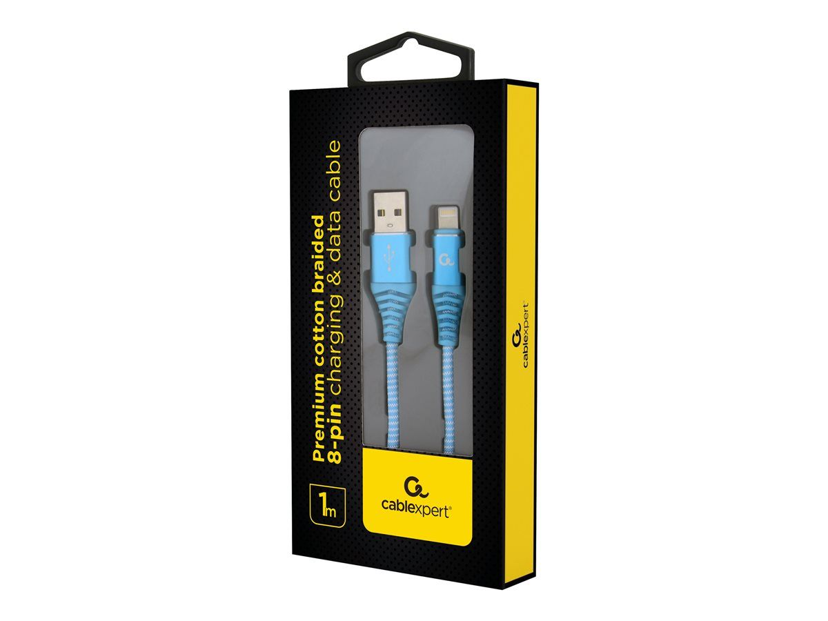 CABLU alimentare si date GEMBIRD, pt. smartphone, USB 2.0 (T) la Lightning (T), 1m, premium, cablu cu impletire din bumbac, albastru cu insertii albe,  CC-USB2B-AMLM-1M-VW  (include TV 0.06 lei)