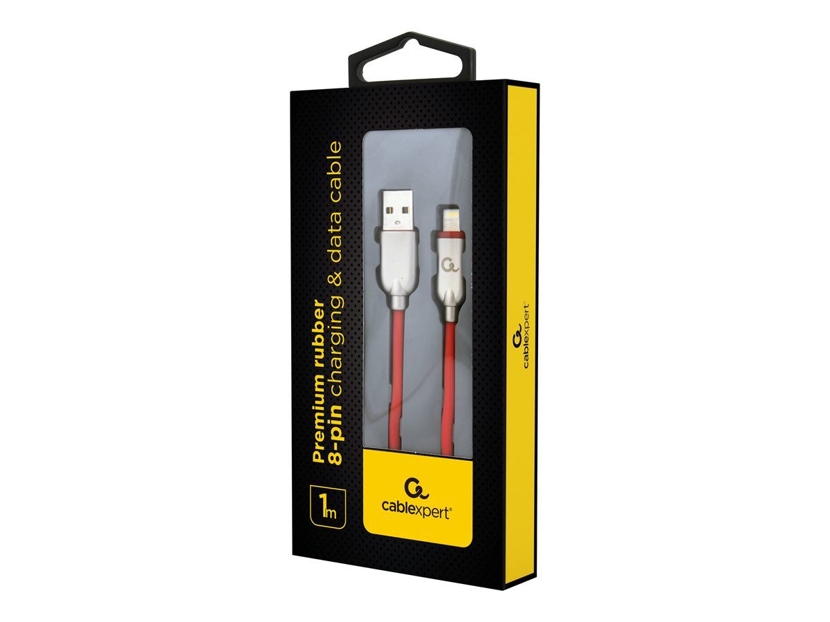CABLU alimentare si date GEMBIRD, pt. smartphone, USB 2.0 (T) la Lightning (T), 1m, premium, cablu din cauciuc, rosu, conectori argintii,  CC-USB2R-AMLM-1M-R  (include TV 0.06 lei)