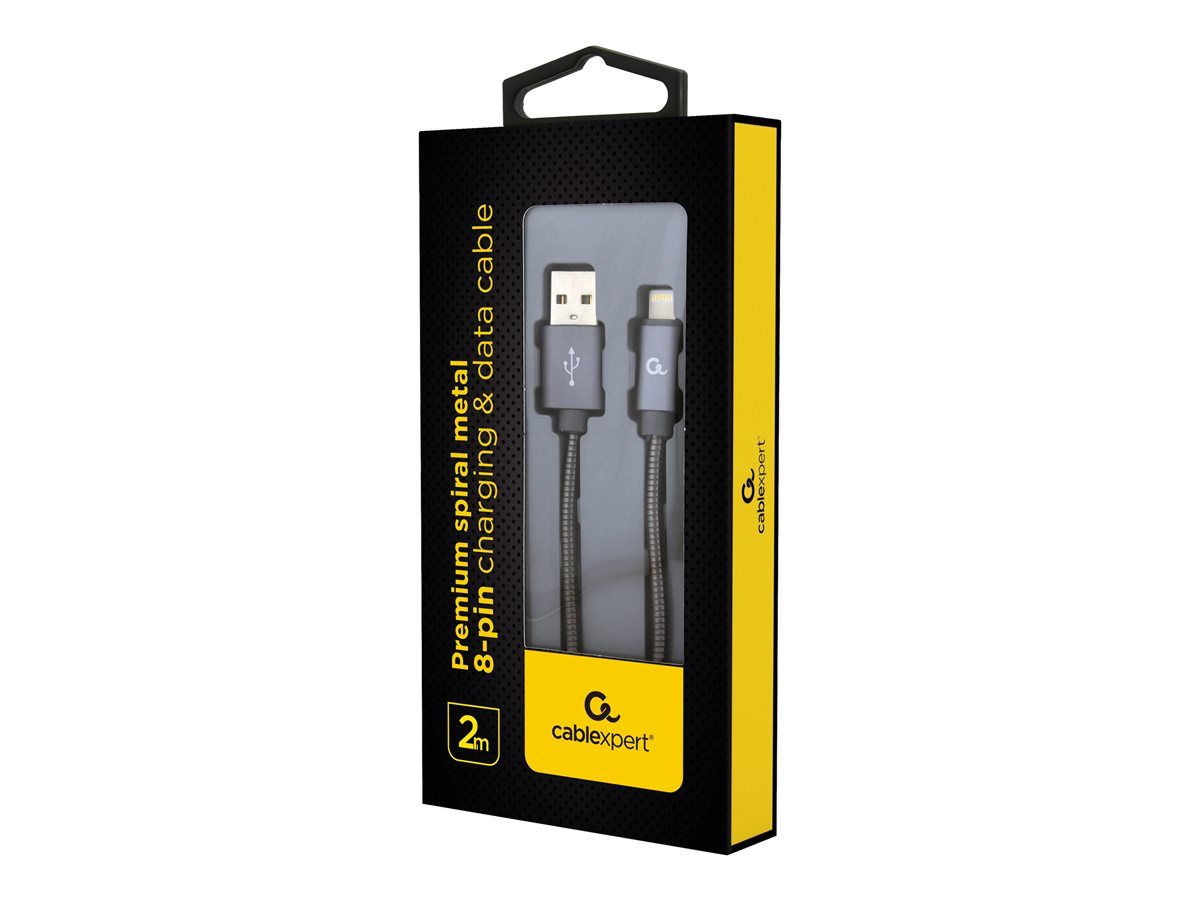 CABLU alimentare si date GEMBIRD, pt. smartphone, USB 2.0 (T) la Lightning (T), 2m, premium, cablu cu impletire din bumbac, gri-metalizat cu insertii albe,  CC-USB2S-AMLM-2M-BG  (include TV 0.06 lei)