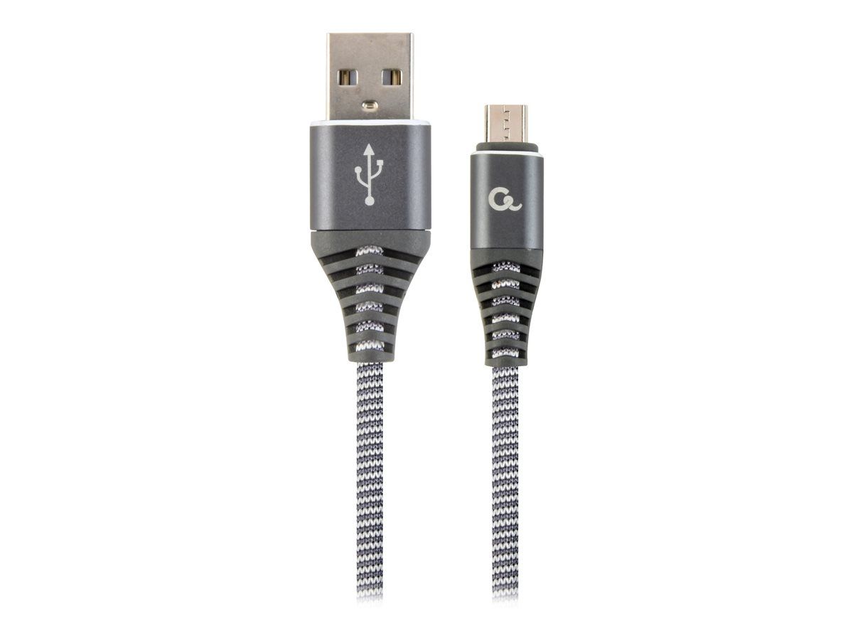 CABLU alimentare si date GEMBIRD, pt. smartphone, USB 2.0 (T) la Micro-USB 2.0 (T), 1m, premium, cablu cu impletire din bumbac, gri-metalizat cu insertii albe,  CC-USB2B-AMmBM-1M-WB2  (include TV 0.06 lei)