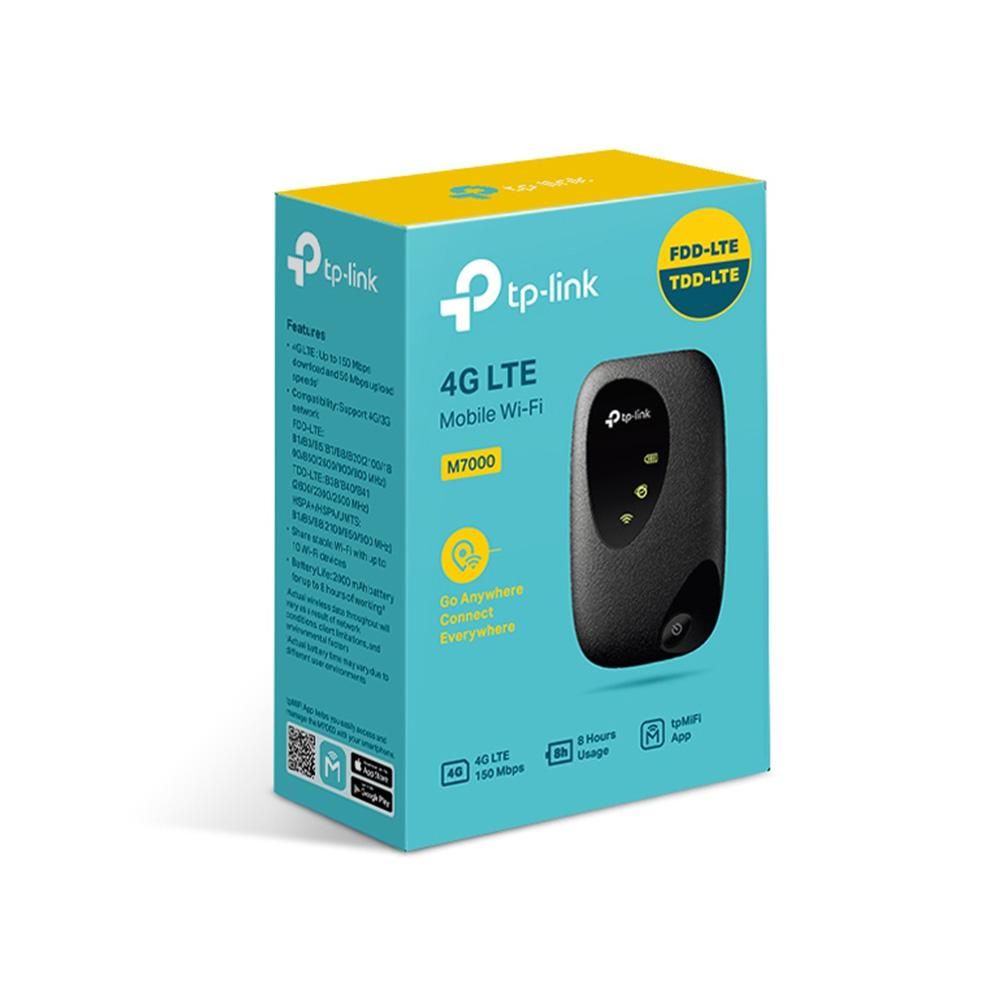 TP-LINK Router Wireless TP-Link M7000, 4G, port cartela SIM, 1xmicroUSB, 1xmicroSD, portabil, acumulator 2000mAh, 4G: FDD-LTE B1/B3/B5/B7/B8/B20 (2100/1800/850/2600/900/800 MHz) TDD-LTE B38/B40/B41 (2600/2300/2500 MHz) 3G: HSPA+/HSPA/UMTS: B1/B5/B8(2100/850/900 MHz, antena interna.