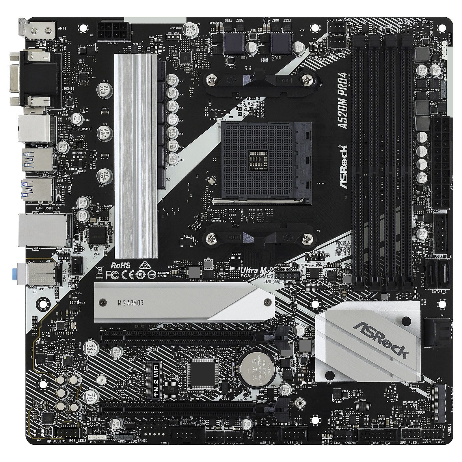 Placa de baza ASRock A520M Pro4, socket AM4, 4x DDR4 UDIMM, 4x SATA, 2x NVMe, 15x USB-A, 1x USB-C, mATX