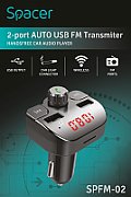 MODULATOR AUTO FM SPACER, Bluetooth 5.0, 2xUSB max. 5V/3.1A, 12V-24V, max. 10-15m, mic max. 0-1m, format MP3/WMA, 206 canale 87.5-108Mhz, USB disk, microSD,  answer/reject/hang up/redial, protectie circuit, black,  SPFM-02  (include TV 0.15 lei)