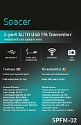 MODULATOR AUTO FM SPACER, Bluetooth 5.0, 2xUSB max. 5V/3.1A, 12V-24V, max. 10-15m, mic max. 0-1m, format MP3/WMA, 206 canale 87.5-108Mhz, USB disk, microSD,  answer/reject/hang up/redial, protectie circuit, black,  SPFM-02  (include TV 0.15 lei)