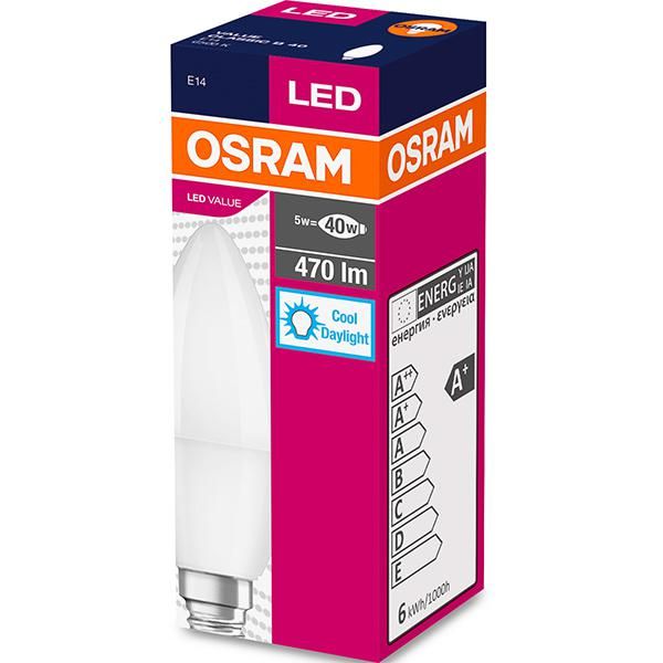 Bec Led Osram, LED VALUE CLASSIC B, E14, 5.5W (40W), lumina rece (6500K), 470 lumeni, 220-240V, durata de viata 15.000 ore, clasa energetica A+