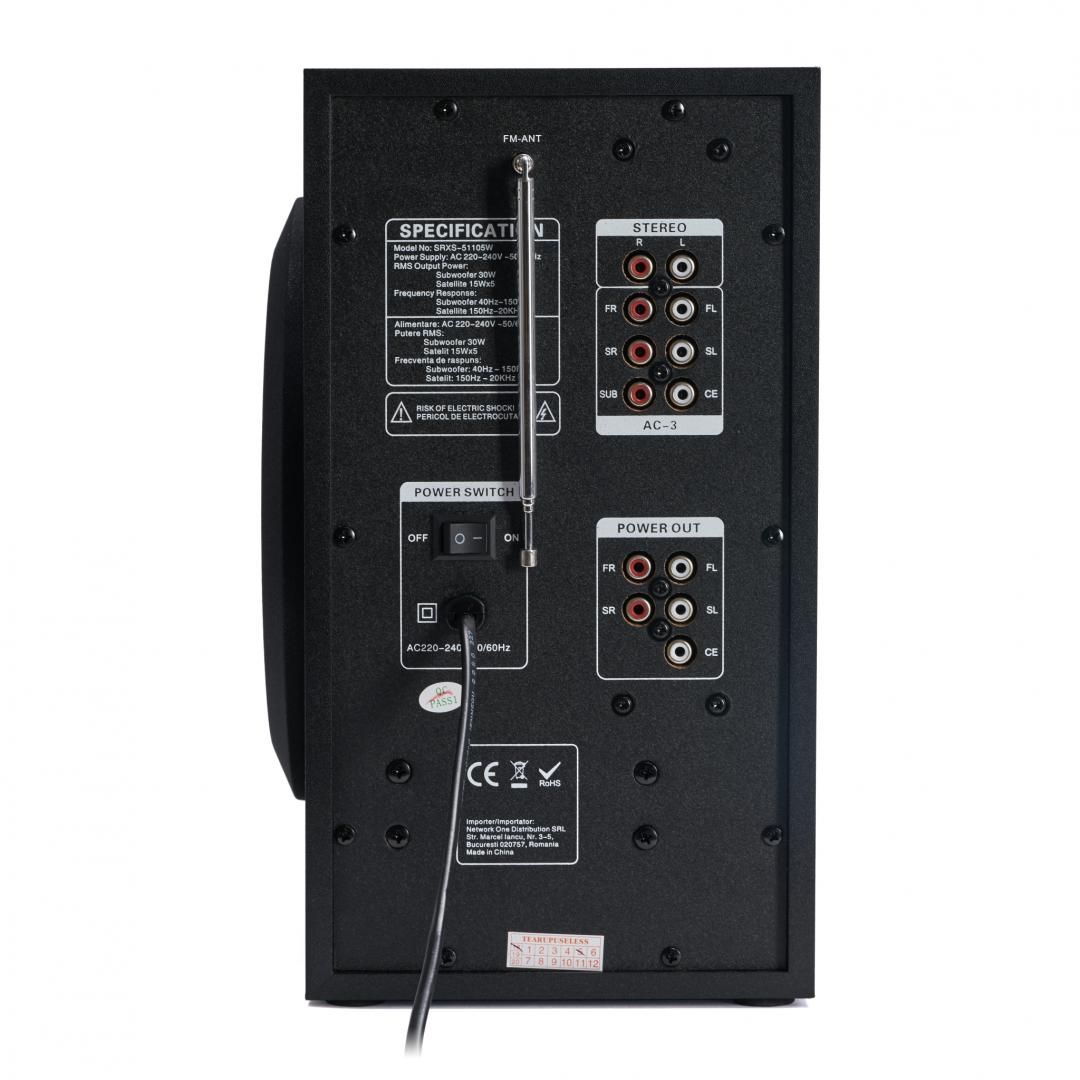 Boxe Serioux 5.1 SoundRise 51105W, putere totala 105W RMS, tip 5.1, sateliti 5 x 15W, subwoofer 30W, Conectivitate: Bluetooth, USB, AUX, SD, Radio FM, negre, SRXS-51105W