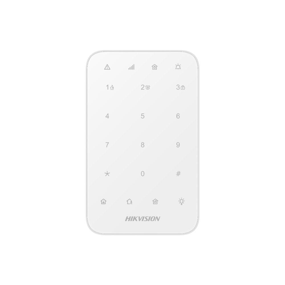 Tastatura wireless AX PRO Hikvision DS-PK1-E-WE, 868MHz two-way Tri-X wireless technology distanta comunicare RF : 1200min camp deschis Stay/away arming, disarming, alarm clearing for anumite zone sau pentru toate zonele One-Push fire alarm, panic alarm, and medical alarm (Silent/Audible alarm