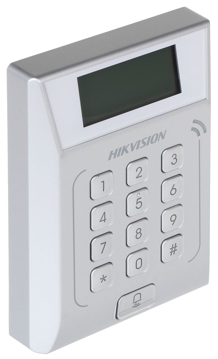 Standalone Access Control Terminal Hikvision, DS-K1T802M Built-inMifarecard reading module, Storage with 3,000 cards and 10,000 accesscontrolevents Uplink Communication: TCP/IP 12 Keys keyboard anddoorbell, DC12V/1A