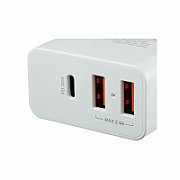 CANYON H-08 Universal 3xUSB AC charger (in wall) with over-voltage protection(1 USB-C with PD Quick Charger), Input 100V-240V, OutputUSB-A/5V-2.4A+USB-C/PD30W, with Smart IC, White Glossy Color+ orange plastic part of USB, 96.8*52.48*28.5mm, 0.092kg