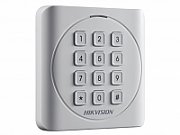 Cititor card cu tastatura Hikvision DS-K1801MK, citeste carduri MIFARE 13.56MHz, distanta citire: 50mm, comunicare: Wiegand 26/34 protocol, tastatura cu 12 butoane,  indicator LED de stare si alimentare alimentare: 12VDC, IP65, dimensiuni: 87×87×13.3mm