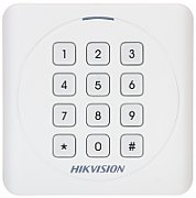Cititor card cu tastatura Hikvision DS-K1801MK, citeste carduri MIFARE 13.56MHz, distanta citire: 50mm, comunicare: Wiegand 26/34 protocol, tastatura cu 12 butoane,  indicator LED de stare si alimentare alimentare: 12VDC, IP65, dimensiuni: 87×87×13.3mm