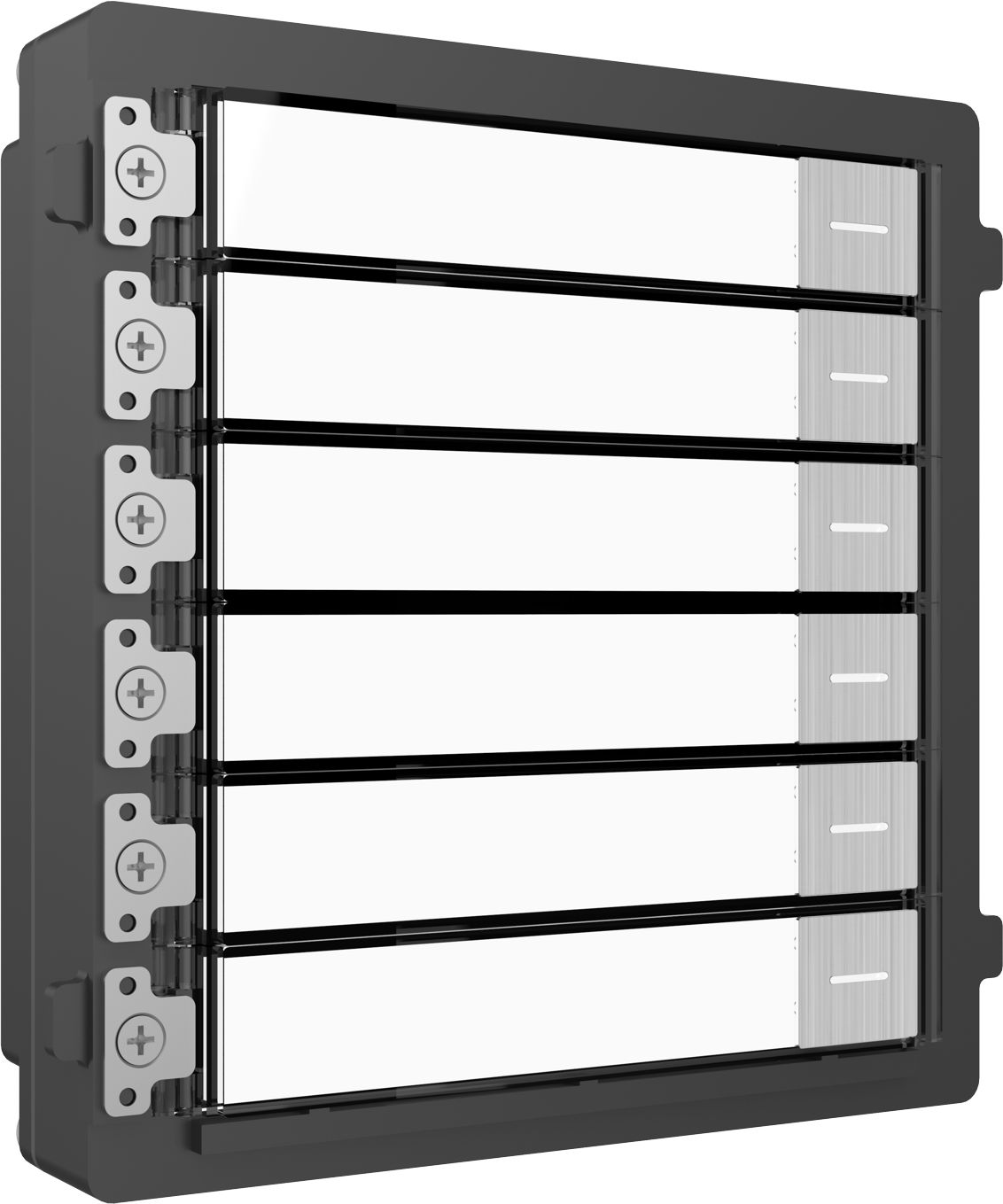 Modul de extensie videinterfon cu sase butoane de apelare Hikvision DS- KD-KK/S montaj aplicat sau ingropat (acesoriile de montaj nu sunt incluse), customizare afisare nume iluminare pe timp de noapte Conectare RS-485, 1 x Input 1 x Output protectie: IP 65 material otrel inoxidabil