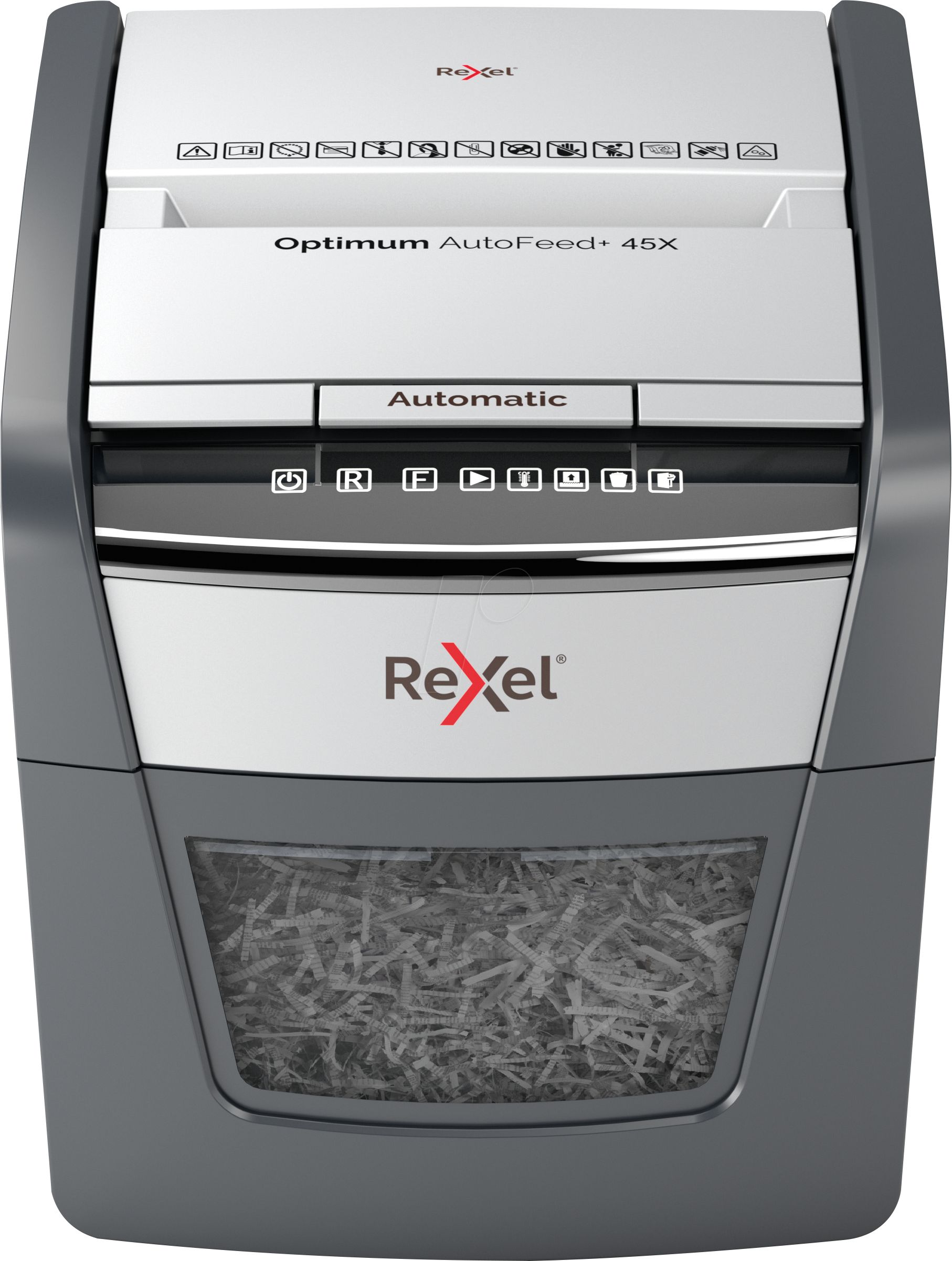 Distrugator automat documente Rexel OPTIMUM  45X ,  45 coli, P4, cross-cut (tip confeti), cos  20 litri, negru-gri,  2020045XEU 