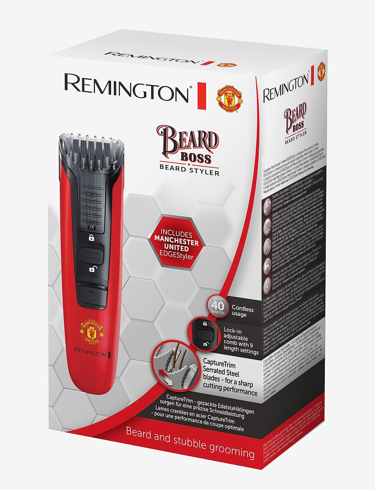 Aparat de tuns pentru barba/mustata MB4128 Manchester United Beard Boss Styler, Lame CaptureTrim, Lame lavabile, Indicator LED, Rosu/ Negru