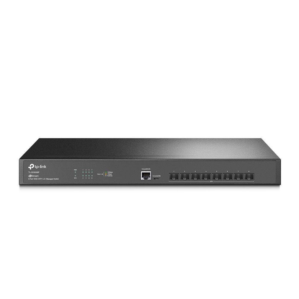 TP-LINK Switch TP-Link TL-SX3008F, JetStream 8-Port 10GE SFP+ L2+ Managed, 8× 10GE SFP+ Slots, 1× RJ45 Console Port, 1× Micro-USB Console Port, Fanless, Rack Mountable, Switching Capacity: 160 Gbps, Packet Forwarding Rate: 119.04 Mpps, Jumbo Frame: 9 KB.