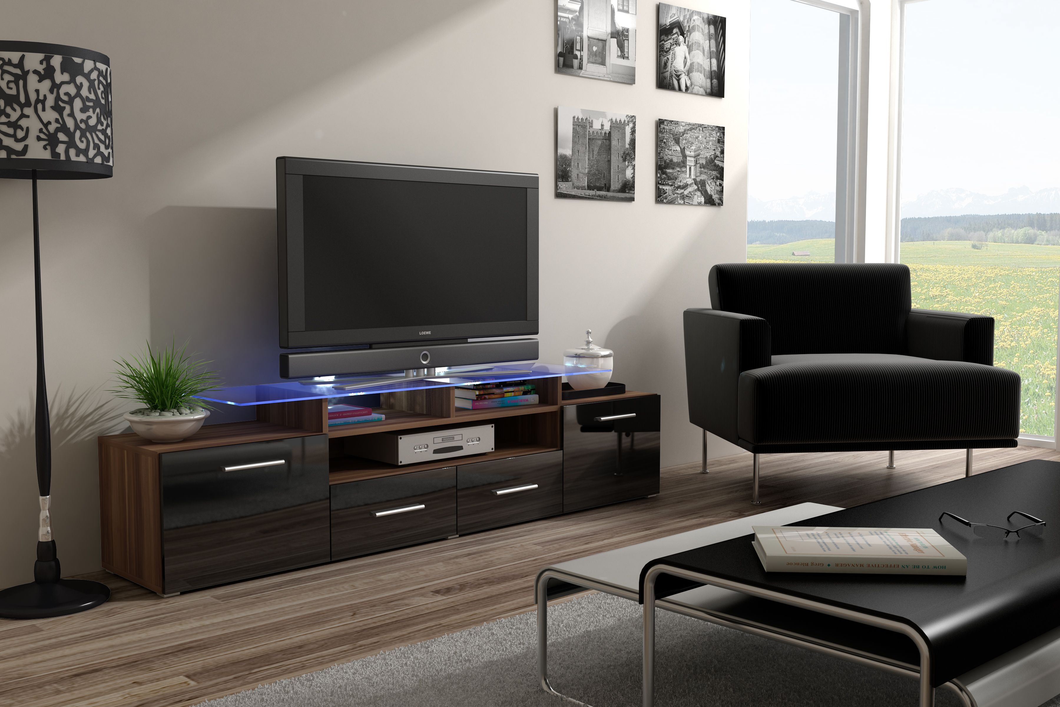 Cama TV stand EVORA 200 plum tree/black gloss