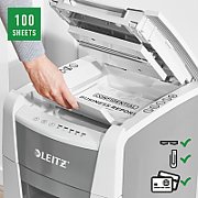 Distrugator automat documente Leitz IQ  Small Office , 100 coli, P4, cross-cut (tip confeti), cos  34 litri, alb-gri, Leitz  80110000 