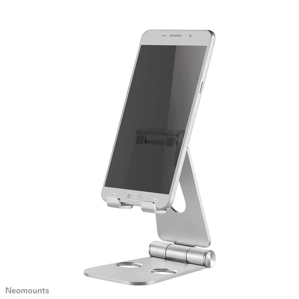 Neomounts by Newstar DS10-160SL1 Foldable phone stand - Silver  Specifications General Min. screen size*: 0 inch Max. screen size*: 7 inch Screens: 1 Desk mount: Stand  Functionality Type: Tilt Tilt (degrees): 270° Width: 7,6 cm Depth: 10,5 cm Height: 12,7 cm Height adjustment: Manual