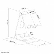 Neomounts by Newstar DS10-160SL1 Foldable phone stand - Silver  Specifications General Min. screen size*: 0 inch Max. screen size*: 7 inch Screens: 1 Desk mount: Stand  Functionality Type: Tilt Tilt (degrees): 270° Width: 7,6 cm Depth: 10,5 cm Height: 12,7 cm Height adjustment: Manual