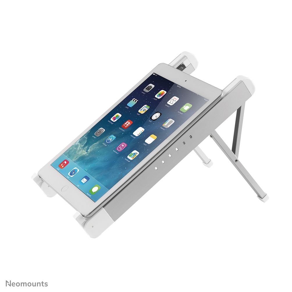 Neomounts by Newstar NSLS010 foldable laptop stand - Silver  Specifications General Min. screen size*: 11 inch Max. screen size*: 17 inch Min. weight: 0 kg Max. weight: 5 kg Screens: 1 Desk mount: Stand  Functionality Type: Tilt Width: 28,9 cm Depth: 3,2 cm Height: 2,7 cm Height adjustment: Manual