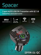 MODULATOR AUTO FM SPACER, Bluetooth 5.0. 1xUSB QC3.0 + Type-C &ampamp 1xUSB max. 5V/3.1A, earphone 30mAh, 12V-24V, max. 10-15m, mic max. 0-2m, format MP3/WMA, 206 canale 87.5-108Mhz, USB disk, microSD, white,  SPFM-HS1-QC   (include TV 0.15 lei)