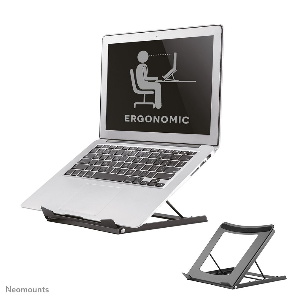 Neomounts by Newstar NSLS075BLACK Foldable Laptop Stand - Black  Specifications General Min. screen size*: 10 inch Max. screen size*: 15 inch Min. weight: 0 kg Max. weight: 5 kg Desk mount: Stand  Functionality Type: Tilt Width: 25,5 cm Depth: 25,5 cm Height: 3,5 cm Height adjustment: Manual