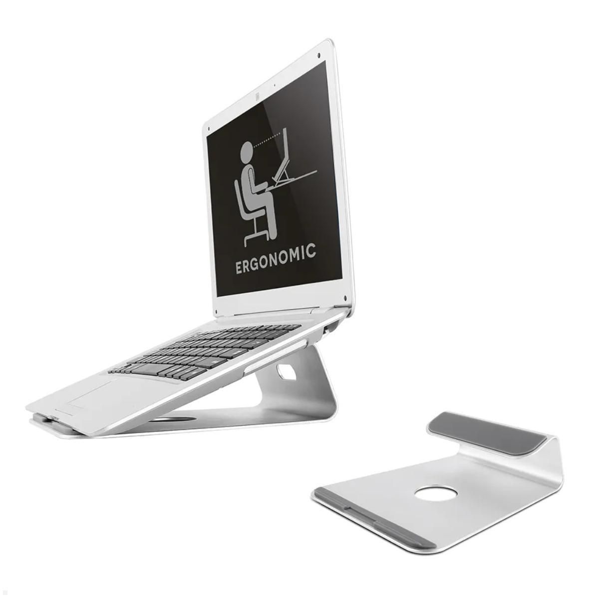 Neomounts by Newstar Raised Aluminium Laptop Stand  Specifications General Min. screen size*: 10 inch Max. screen size*: 17 inch Min. weight: 0 kg Max. weight: 5 kg Desk mount: Stand  Functionality Type: Fixed Tilt (degrees): 22° Width: 21 cm Depth: 24 cm Height: 6,8 cm Height adjustment: None
