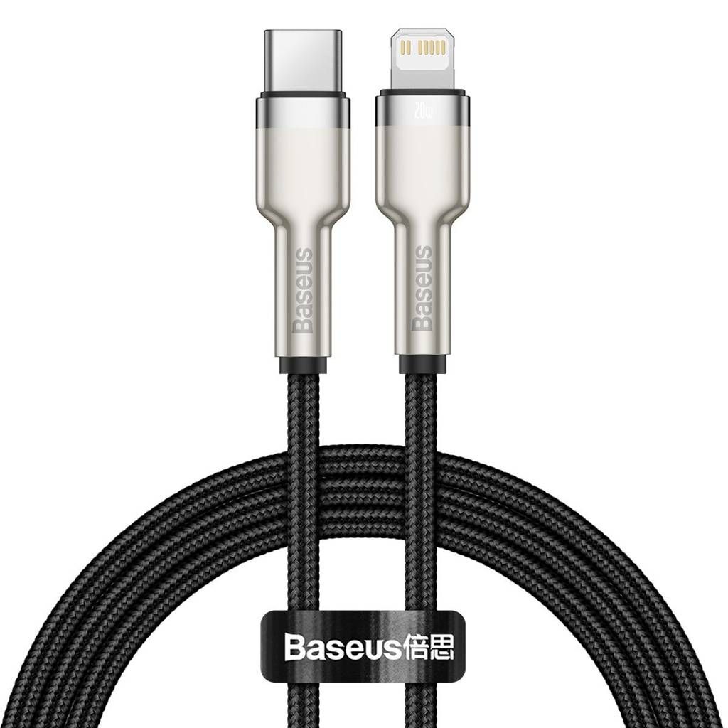 CABLU alimentare si date Baseus Cafule Metal, Fast Charging Data Cable pt. smartphone, USB Type-C la Lightning Iphone PD 20W, brodat, 1m, negru  CATLJK-A01  (include timbru verde 0.25 lei)