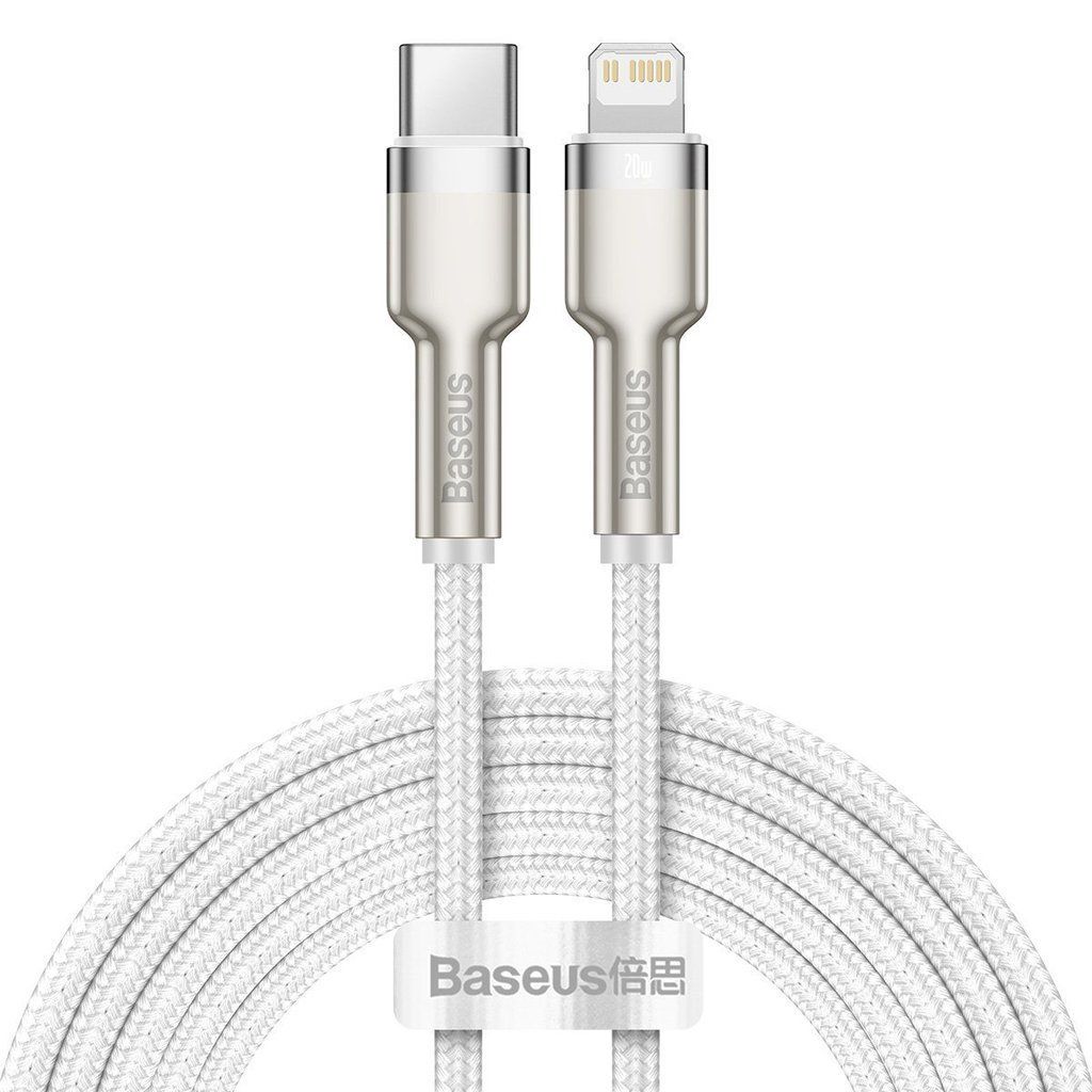 CABLU alimentare si date Baseus Cafule Metal, Fast Charging Data Cable pt. smartphone, USB Type-C la Lightning Iphone PD 20W, brodat, 2m, alb  CATLJK-B02  (include timbru verde 0.25 lei)