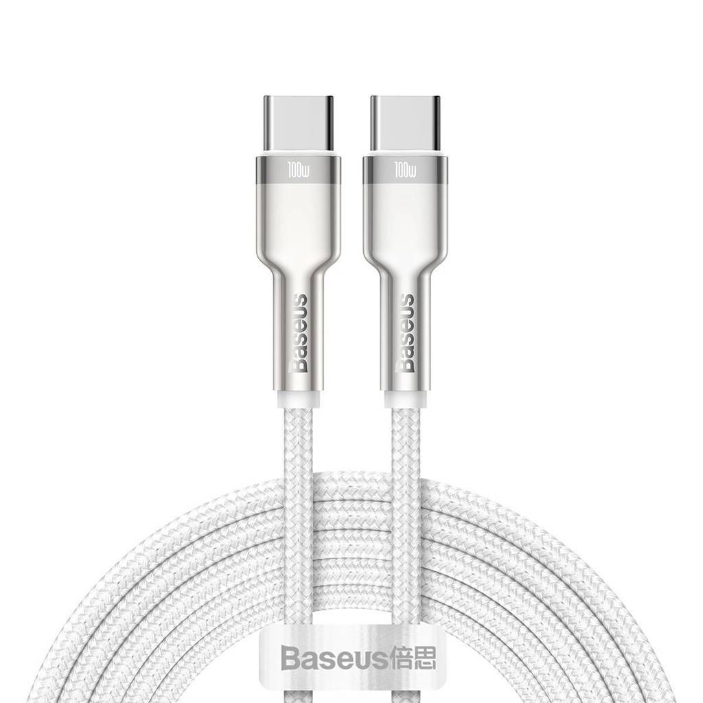 CABLU alimentare si date Baseus Cafule Metal, Fast Charging Data Cable pt. smartphone, USB Type-C la USB Type-C 100W, brodat, 2m, alb  CATJK-D02  (include timbru verde 0.25 lei)