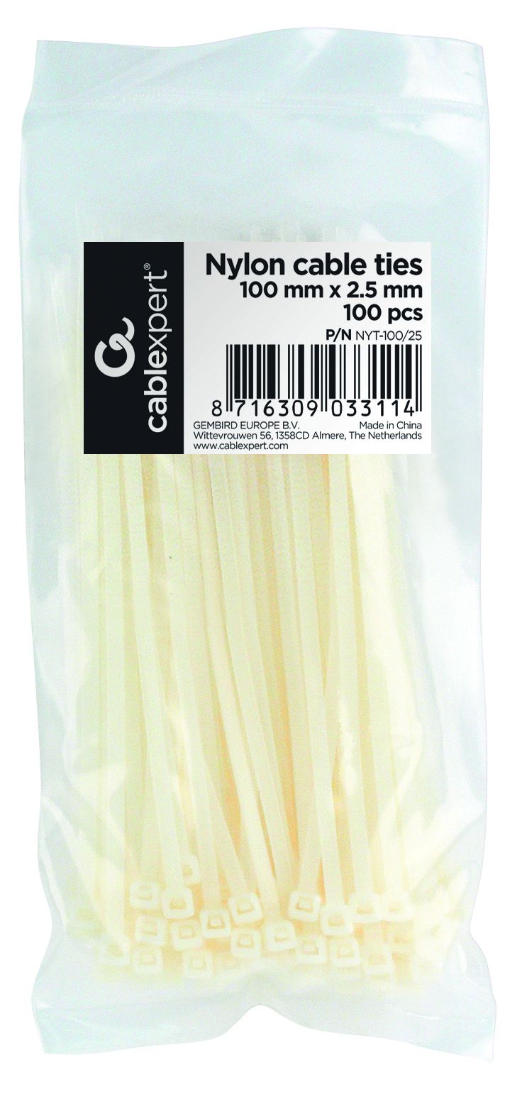 GEMBIRD NYT-100/25 nylon cable ties 100mm 2.5mm width bag of 100 pcs