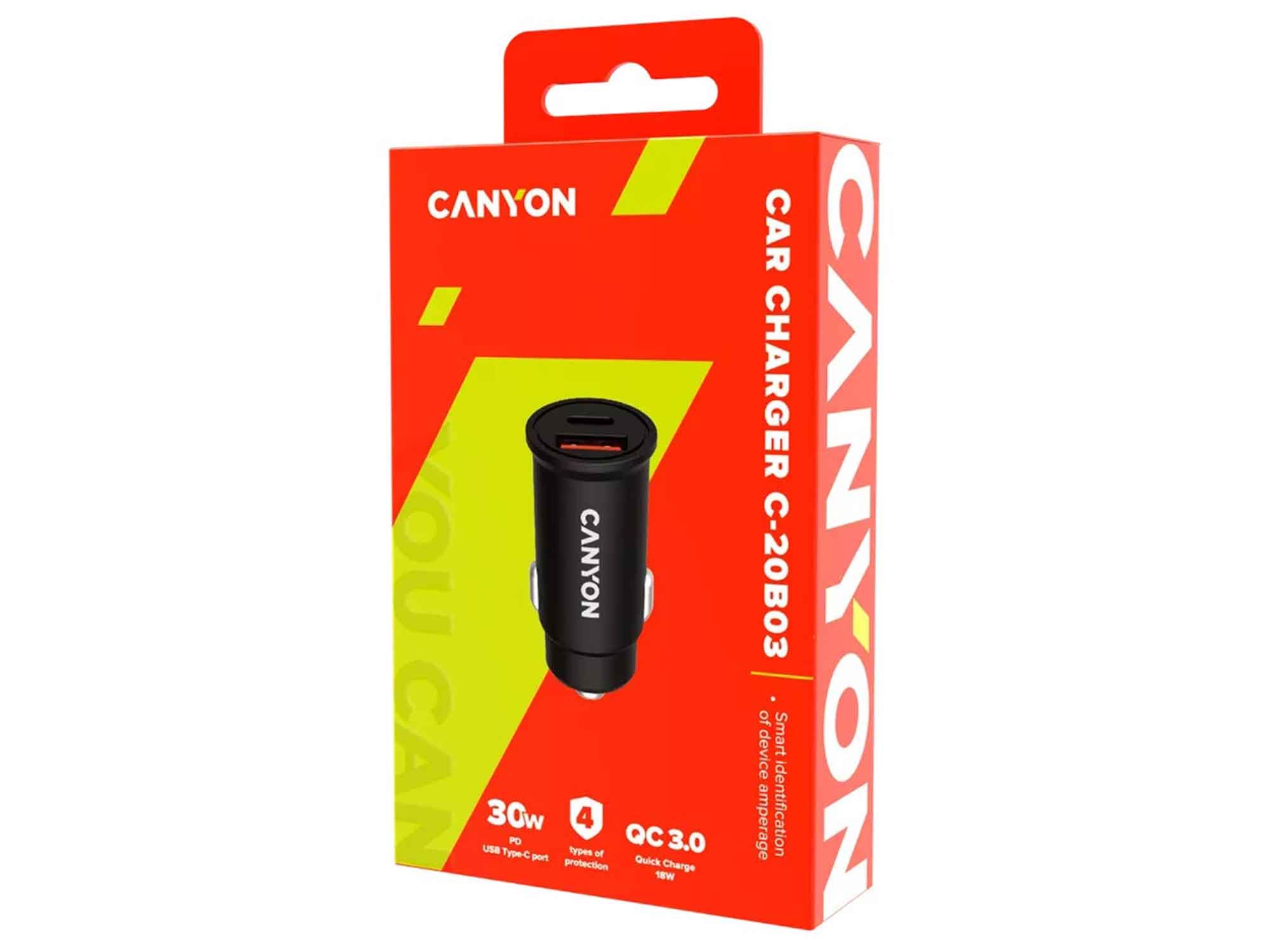 Canyon, PD 30W/QC3.0 18W Pocket size car charger  with 1-USB A+ 1-USB-C Input: DC12V-24V, Output: USBC: PD30W( 5V3A/9V3A/12V2.5A/15V2A/20V1.5A),USB-A:QC3.0 18W (5V3A