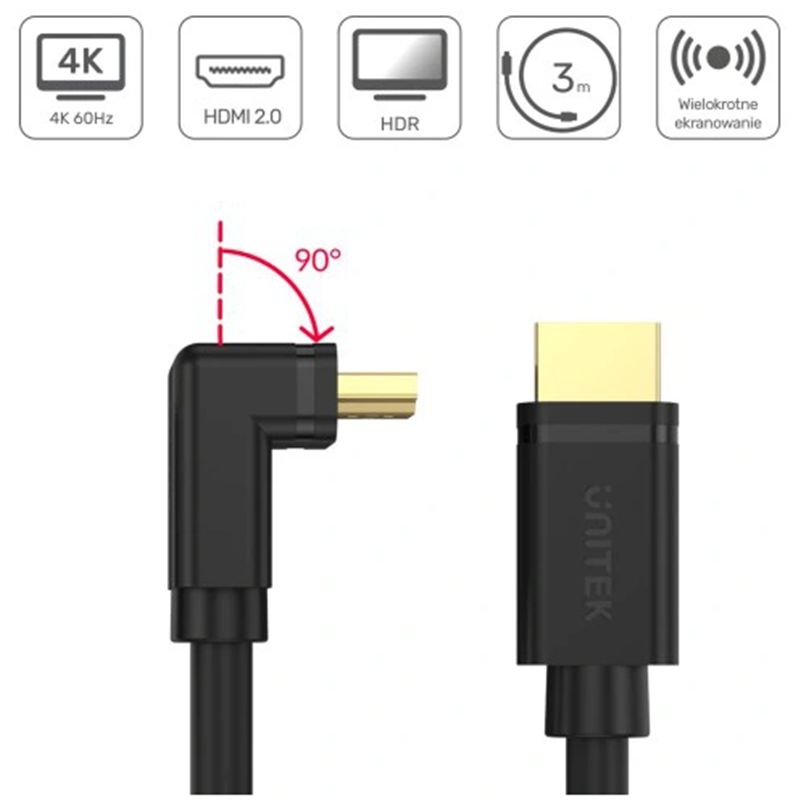UNITEK Y-C1002 HDMI 2.0, 90° 4K60HZ,3M cable  Black
