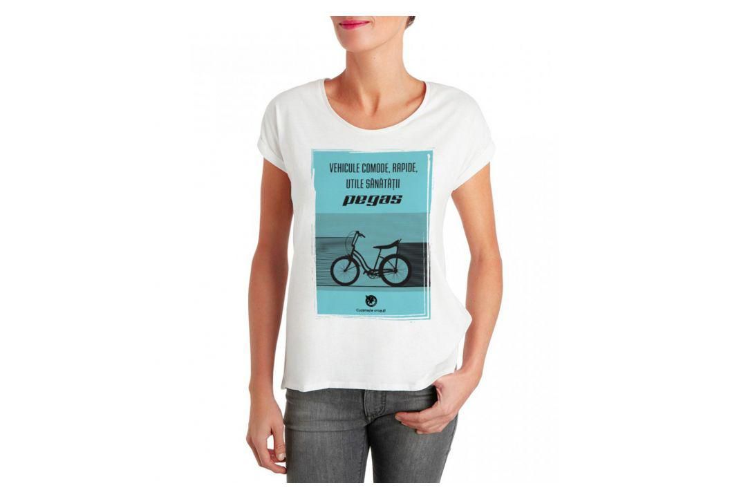Tricou Pegas femei, model vehicule comode, rapide, utile sanatatii, marime L, culoare verde