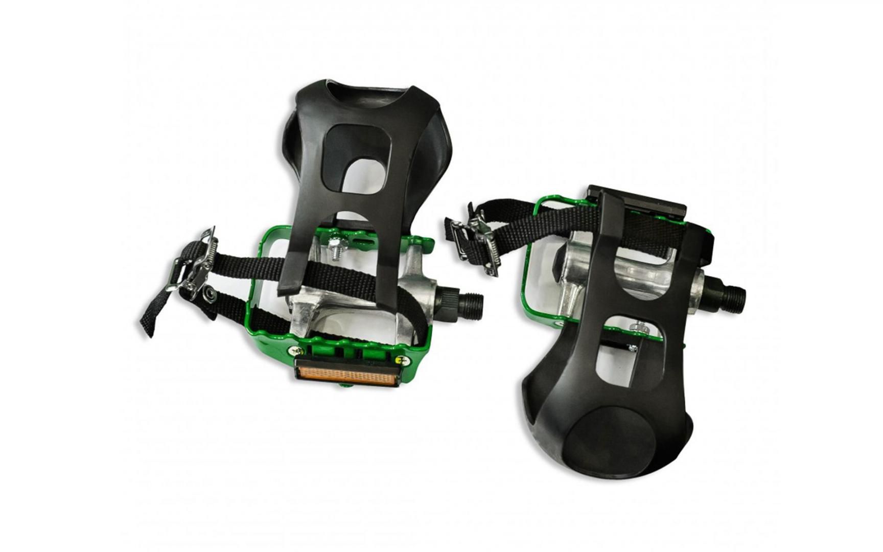 Pedale Aluminiu cu Ratrape plastic,  869LC, rama otel,  curea Nylon, Ax CrMo 9/16, ARG / VERDE