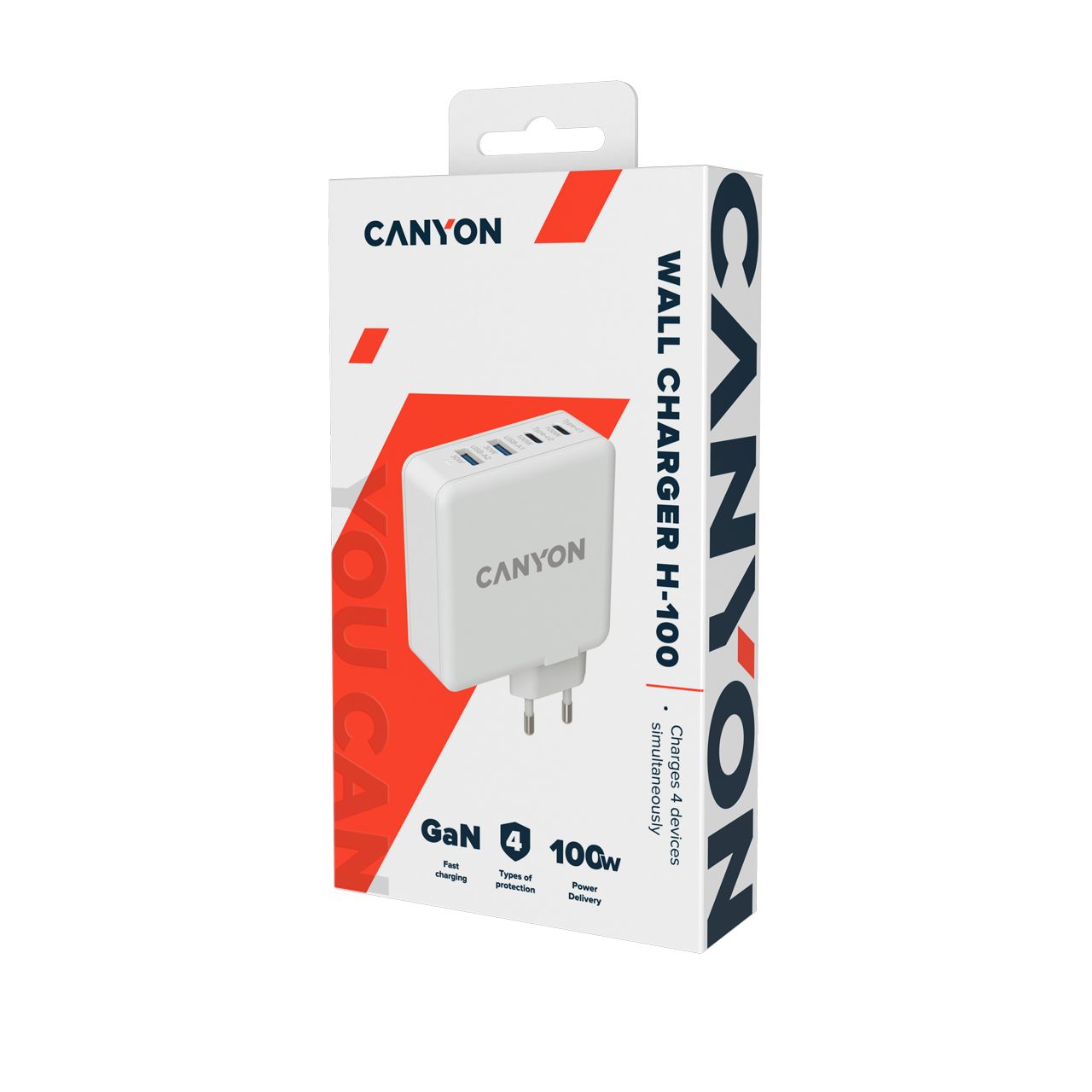 Canyon, GAN 100W charger  Input:  100V-240V Output: USB-C1/C2: 5V 3A , 9V 3A , 12V 3A , 15V 3A , 20V 5A  USB-A 1/A2: 4.5V/5A, 5V/4.5A, 9V/3A, 12V/2.5A,  20V/1.5A  C1+C2 : 65W + 30W； C1+A1 : 65W + 30W ； C1+A2 : 65W + 30W ；C1+A1+A2 : 65W + 7.5W