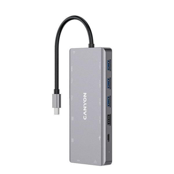 CANYON 13 in 1 USB C hub, with 2*HDMI, 3*USB3.0: support max. 5Gbps, 1*USB2.0: support max. 480Mbps, 1*PD: support max 100W PD, 1*VGA,1* Type C data, 1*Glgabit Ethernet, 1*3.5mm audio jack, cable 15cm, Aluminum alloy housing,130*57.5*15 mm,DarK gray