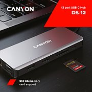 CANYON 13 in 1 USB C hub, with 2*HDMI, 3*USB3.0: support max. 5Gbps, 1*USB2.0: support max. 480Mbps, 1*PD: support max 100W PD, 1*VGA,1* Type C data, 1*Glgabit Ethernet, 1*3.5mm audio jack, cable 15cm, Aluminum alloy housing,130*57.5*15 mm,DarK gray