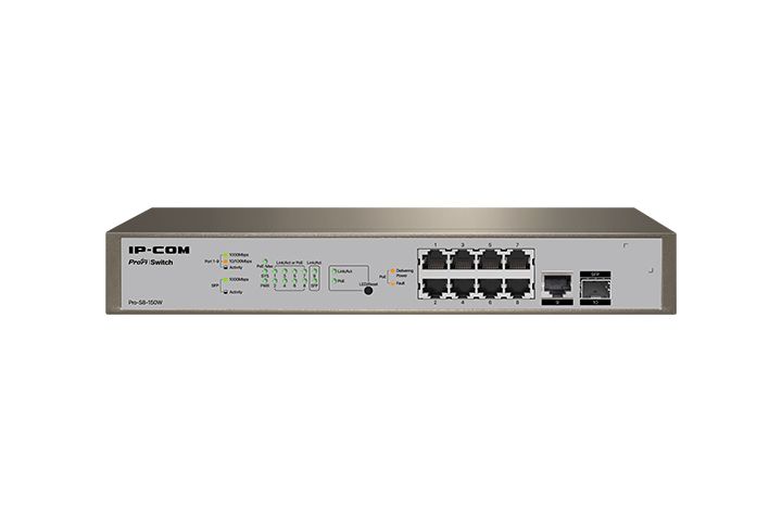IPCOM IP-COM PRO-S8-150W, 8 x 10/100/1000 Base-T Ethernet ports(PoE), 1 x 10/100/1000 Base-T Ethernet port(data), 1 x 1000 Base-X SFP port, Standards&Protocols: IEEE802.3、IEEE802.3u、IEEE802.3ab、IEEE802.3z、 IEEE802.3x、IEEE802.3af/at、IEEE802.1p、IEEE802.1q、IEEE802.1w、IEEE802. 1d、 IEEE802.1s, Switching