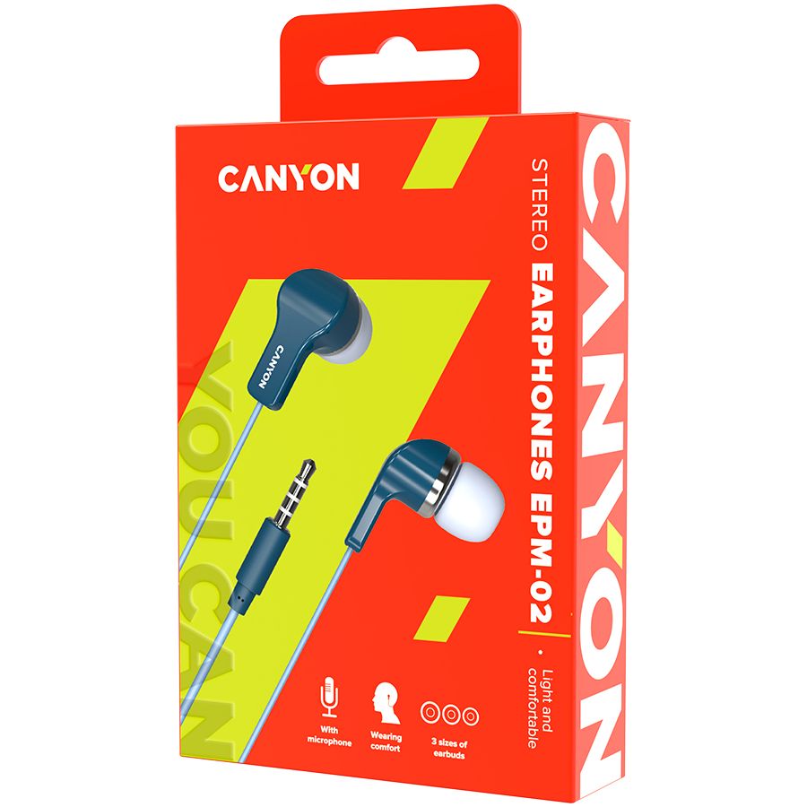 CANYON EPM-02 Stereo Earphones with inline microphone, Blue, cable length 1.2m, 20*15*10mm, 0.013kg