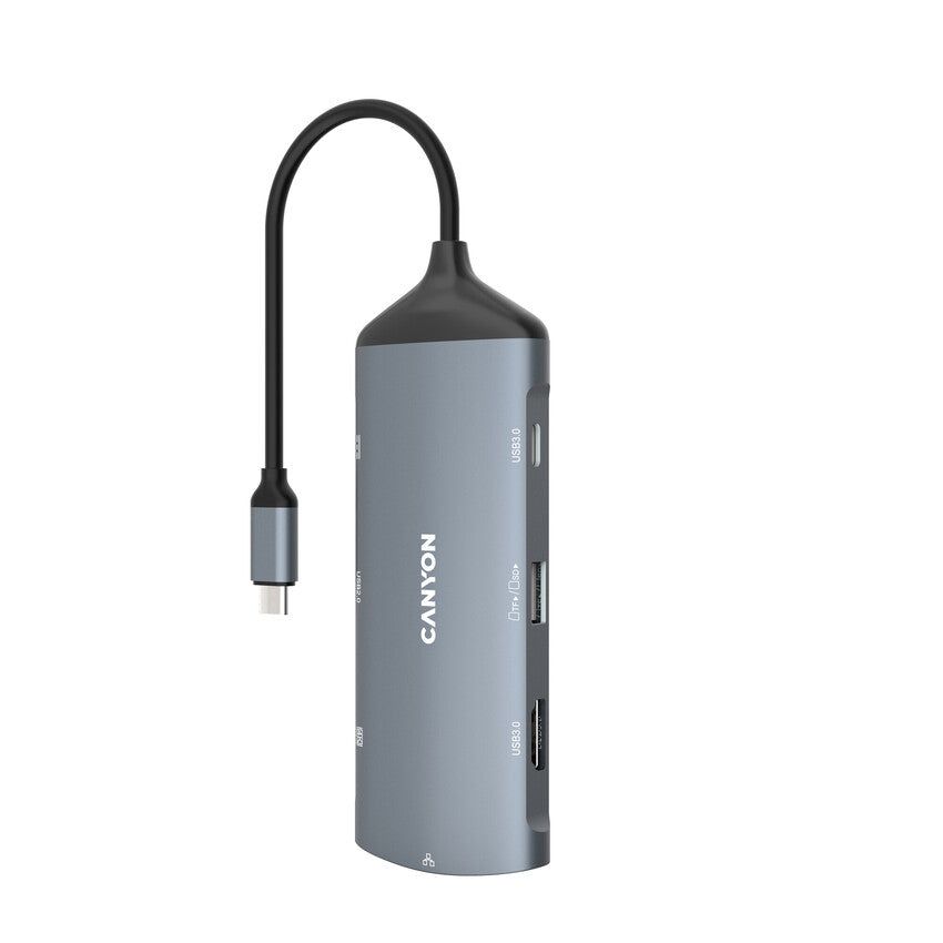 CANYON 8 in 1 hub, with 1*HDMI,1*Gigabit Ethernet,1*USB C female:PD3.0 support max60W,1*USB C male :PD3.0 support max100W,2*USB3.1:support max 5Gbps,1*USB2.0:support max 480Mbps, 1*SD, cable 15cm, Aluminum alloy housing,133.24*48.7*15.3mm,Dark grey