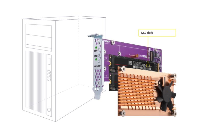 QNAP Quad M.2 PCIe SSD Erweiterung PCIe Gen3 x8 supports up to four M.2 2280 PCIe Gen3 x4
