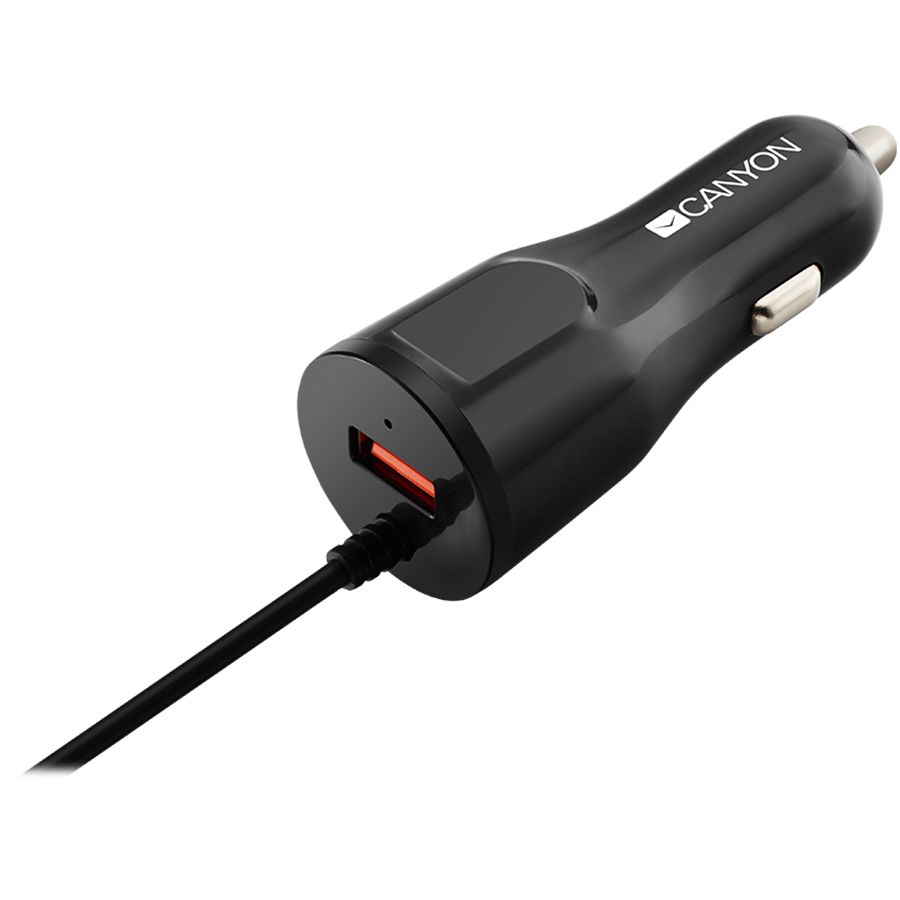 CANYON C-033 Universal 1xUSB car adapter, plus Lightning connector, Input 12V-24V, Output 5V/2.4A(Max), with Smart IC, black glossy, cable length 1.2m, 77*30*30mm, 0.041kg, Russian