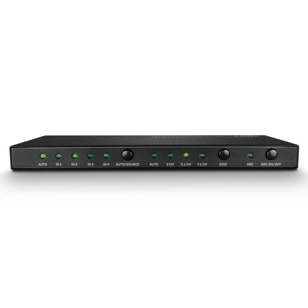Lindy 4 Port HDMI 18G Switch with Audio  Technical details  Specifications  AV Interface: HDMI Interface Standard: HDMI 2.0 Supports Bandwidth: 18Gbps Maximum Resolution: 3840x2160@60Hz 4:4:4 8bit HDCP Support: 2.2 Supported Audio: Audio Pass-through, Analogue 2CH, Up to 5.1CH (Optical) Separate