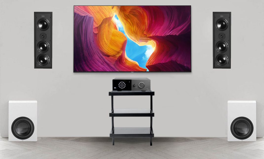 Sistem Stereo Lyngdorf cu amplif. TDAI-1120 + boxe ingropate in perete full-range D-500 + 2x Subwoofer BW-2