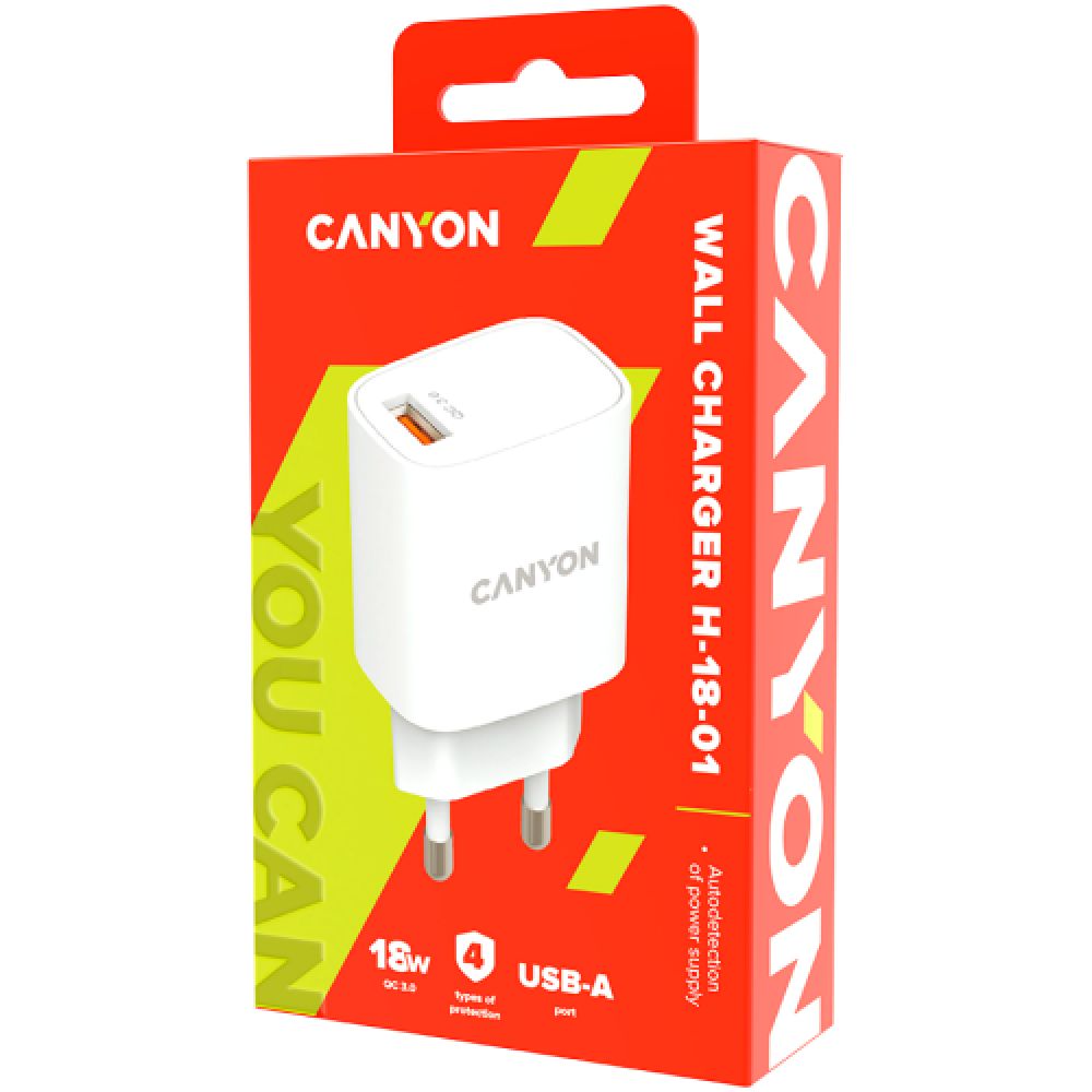 Canyon, Wall charger with 1*USB, QC3.0 18W, Input: 100V-240V, Output: DC 5V/3A,9V/2A,12V/1.5A, Eu plug, OCP/OVP/OTP/SCP, CE, RoHS ,ERP. Size: 80.17*41.23*28.68mm, 50g, White