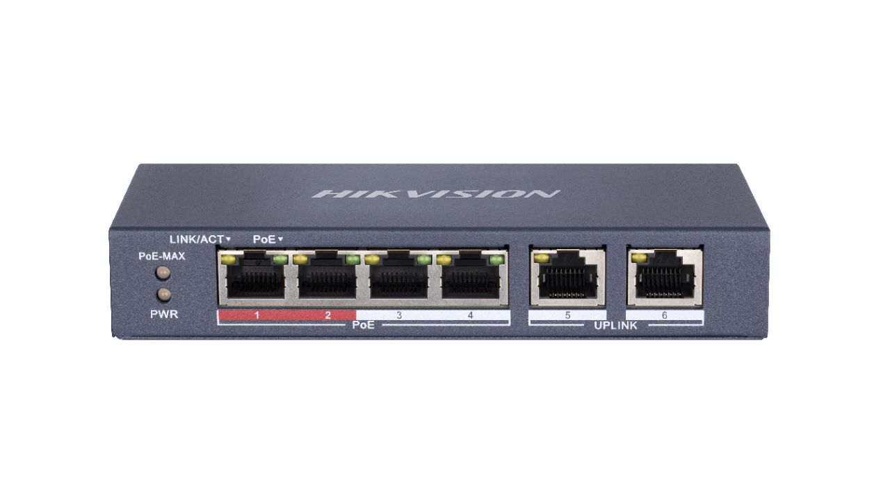 Hikvision Switch Hikvision DS-3E0106P-E-M, Switching capacity 1.6 Gbps, 4 x 10/100Mbps PoE ports, and and 2 × 10/100Mbps RJ45 ports, MAC address table 4 K, PoE power budget 35 W, Internal cache 768 Kbits, 6 KV surge protection for PoE ports, Up to 300 m long-range transmission, dimensiuni: 145 mm × 68.45 mm ×